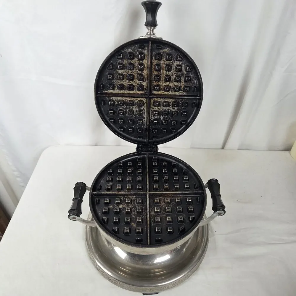 Vintage WORKING Empress Waffle Iron Maker Blue Rhinestone Art Deco Chrome Silver